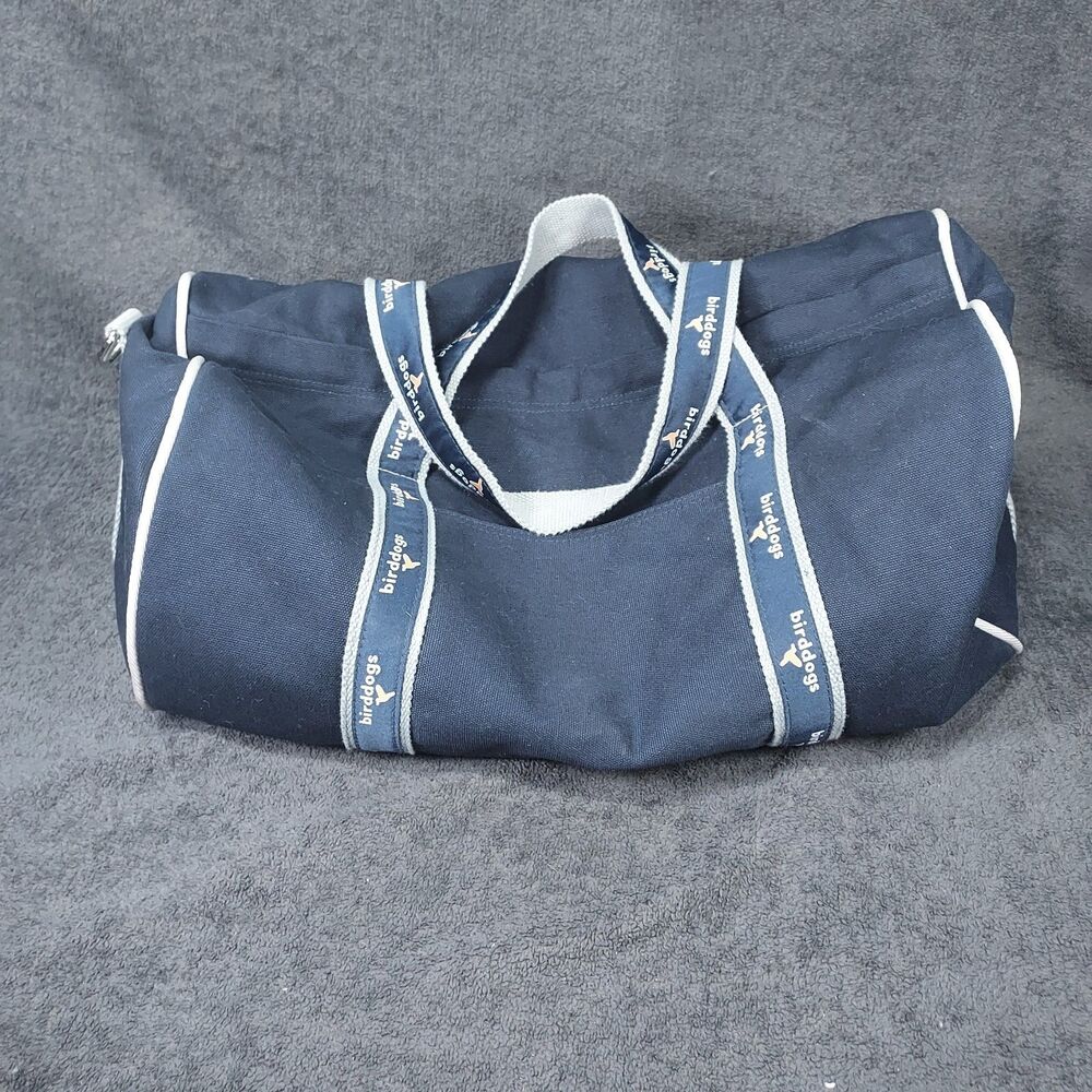 Birddogs Barrel Duffel Bag Navy Blue Canvas Gray Trim Zip Top Sports Bag